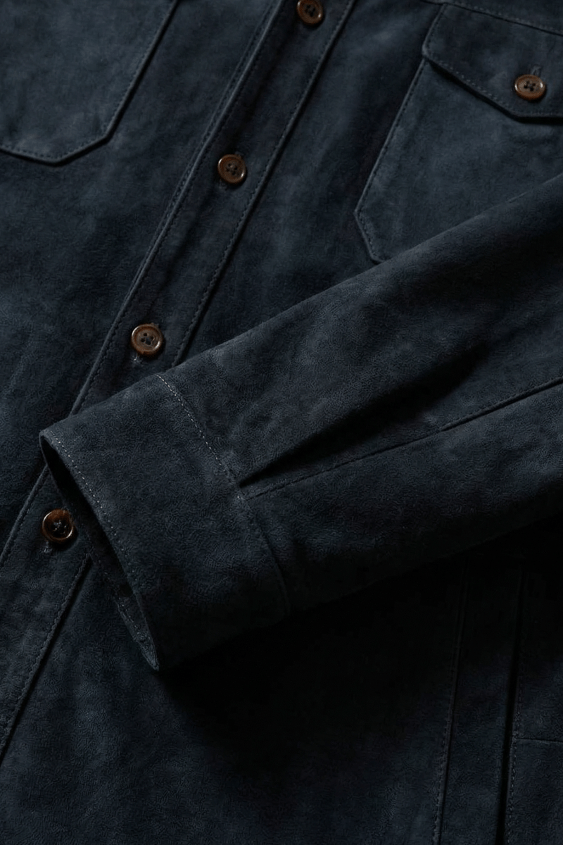 Adrien Men's Suede Leather Overshirt - Navy Blue - Bigardini