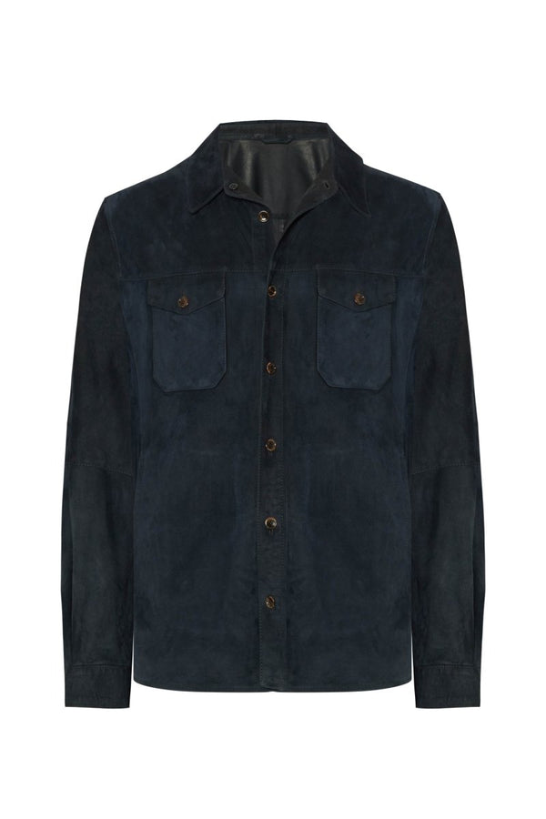 Adrien Men's Suede Leather Overshirt - Navy Blue - Bigardini