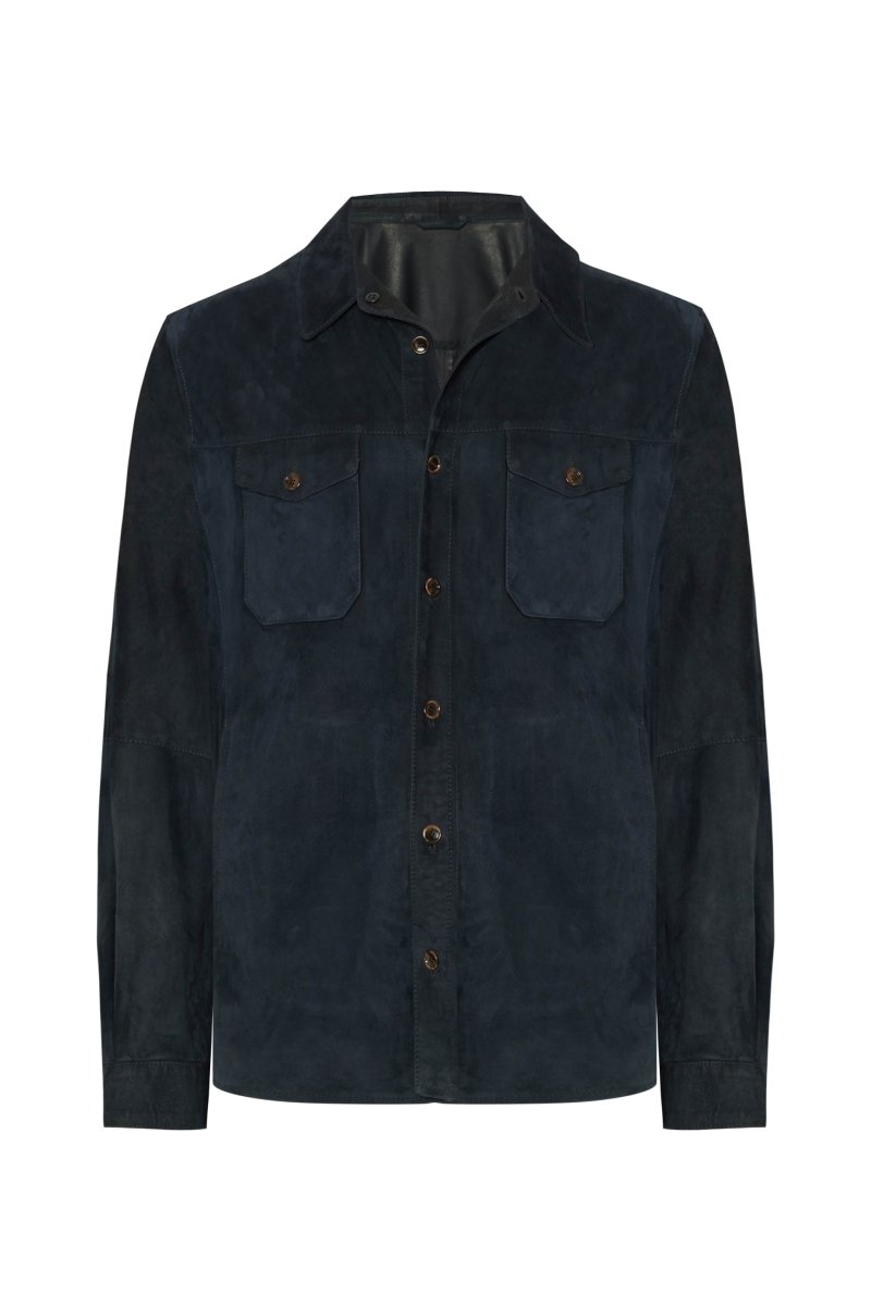 Adrien Men's Suede Leather Overshirt - Navy Blue - Bigardini