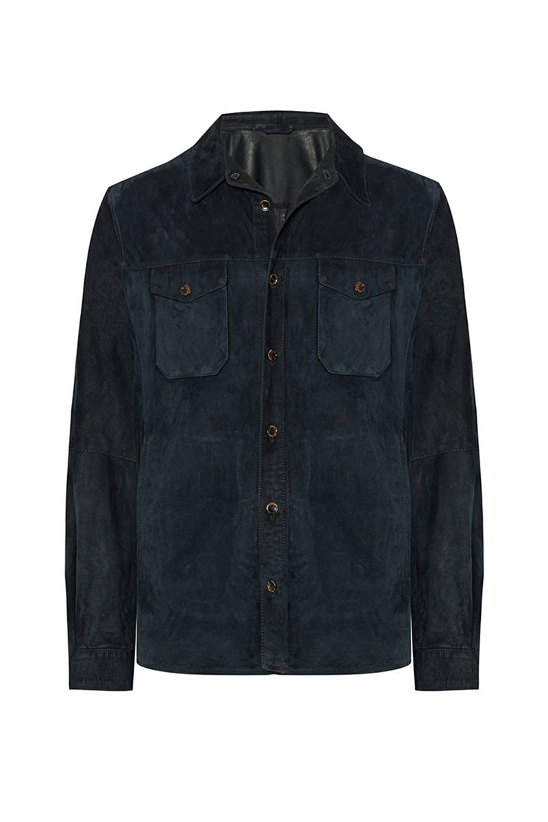 Adrien Men's Suede Leather Overshirt - Navy Blue - Bigardini