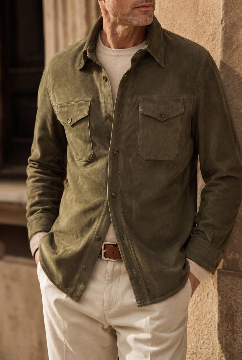 Adrien Men’s Suede Leather Overshirt - Olive Night - Bigardini