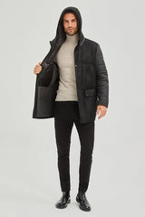 Alpine Men's Hooded Shearling Sheepskin Coat - Black - Bigardini