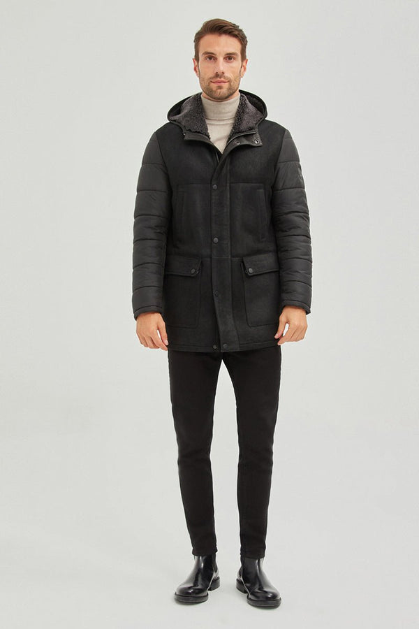 Alpine Men's Hooded Shearling Sheepskin Coat - Black - Bigardini