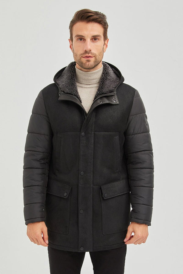 Alpine Men's Hooded Shearling Sheepskin Coat - Black - Bigardini