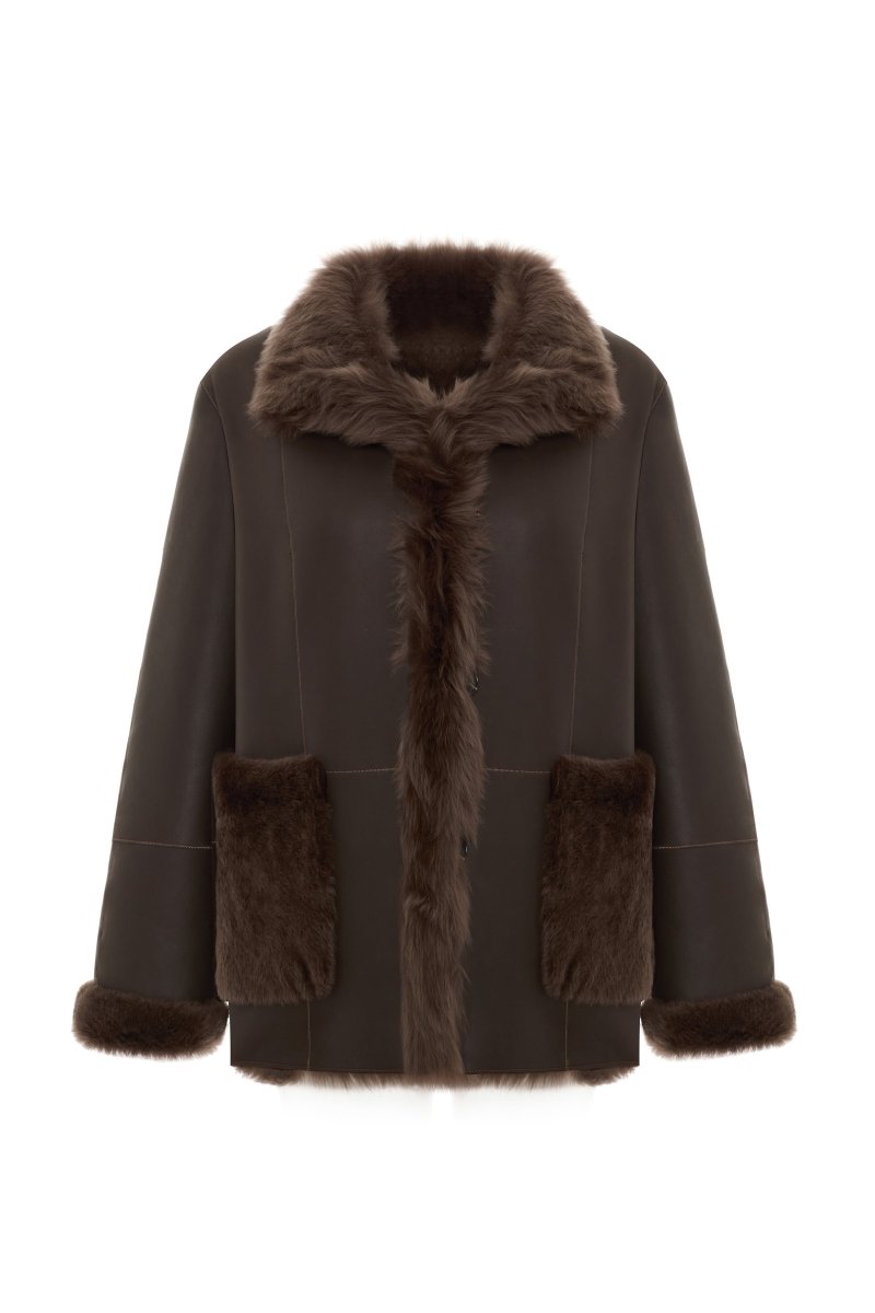Amira Women's Reversible Shearling Sheepskin Coat - Milk Brown - Bigardini