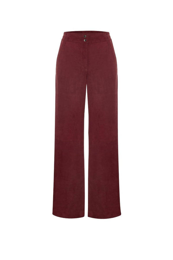 Ava Women's Wide - Leg Suede Leather Trousers - Burgundy - Bigardini