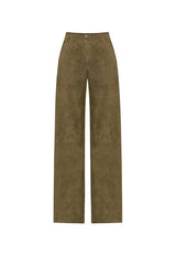 Ava Women's Wide - Leg Suede Leather Trousers - Khaki - Bigardini