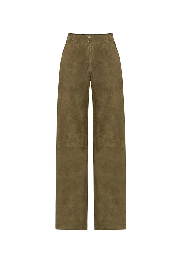 Ava Women's Wide - Leg Suede Leather Trousers - Khaki - Bigardini