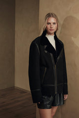 Chiara Women's Shearling Sheepskin Bomber Jacket - Black - Bigardini