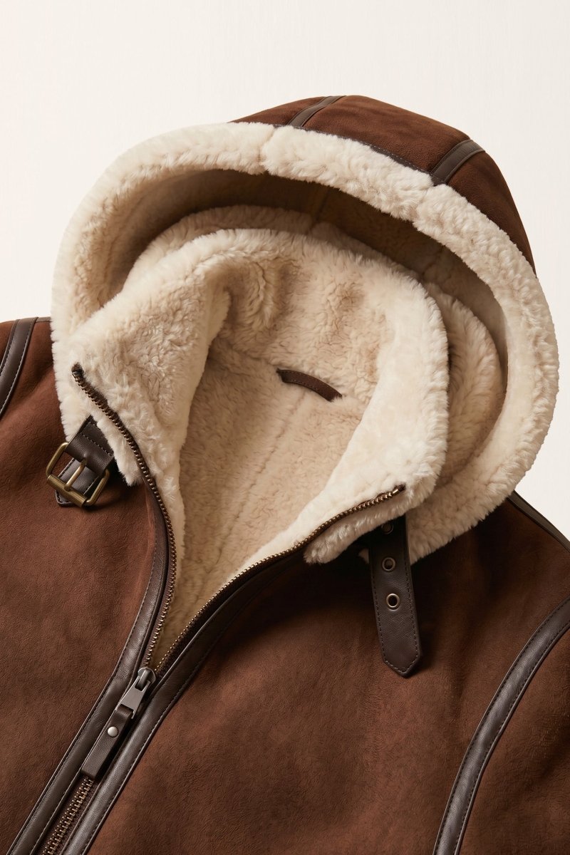 Chloe Women's Shearling Sheepskin Jacket with Detachable Hood - Whiskey - Bigardini