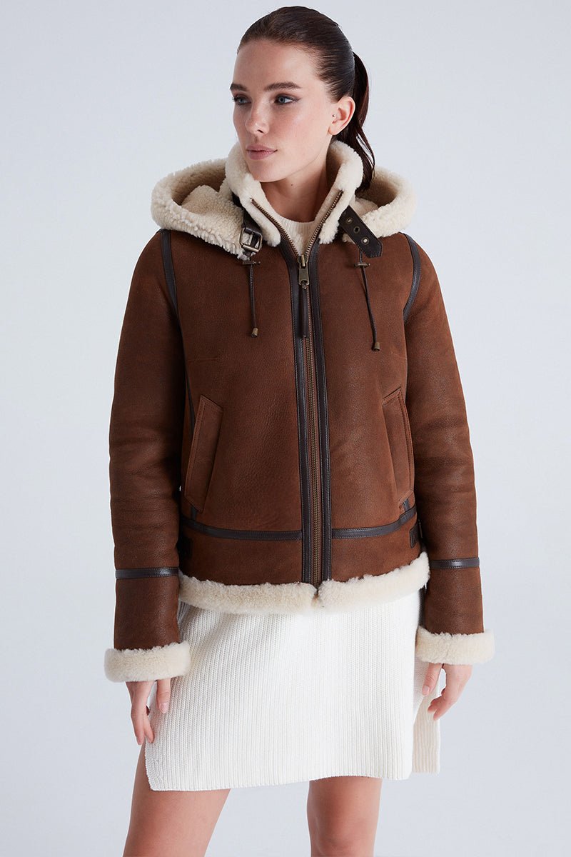 Chloe Women's Shearling Sheepskin Jacket with Detachable Hood - Whisky - Bigardini