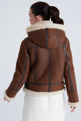 Chloe Women's Shearling Sheepskin Jacket with Detachable Hood - Whisky - Bigardini