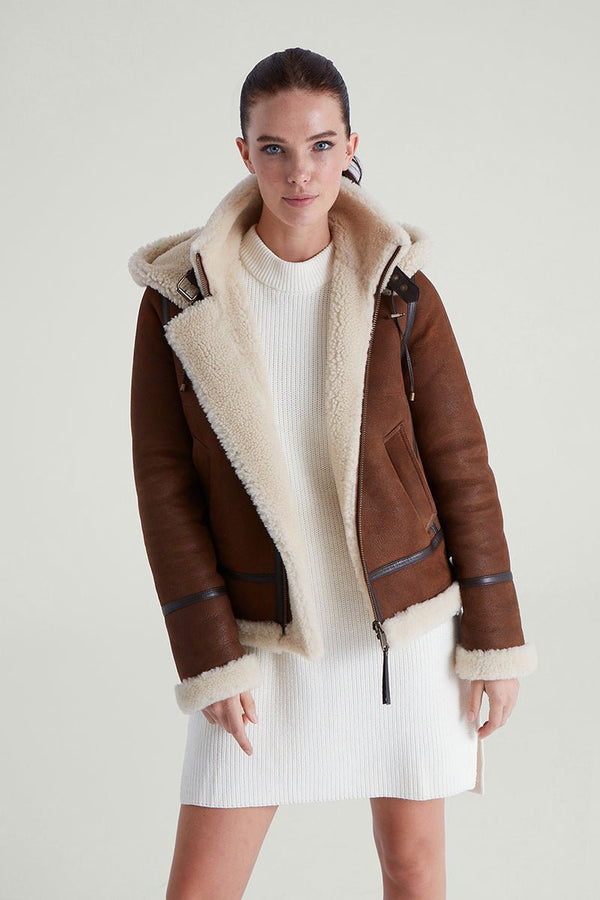 Chloe Women's Shearling Sheepskin Jacket with Detachable Hood - Whisky - Bigardini