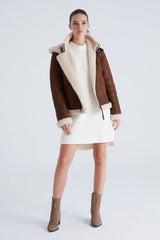 Chloe Women's Shearling Sheepskin Jacket with Detachable Hood - Whisky - Bigardini