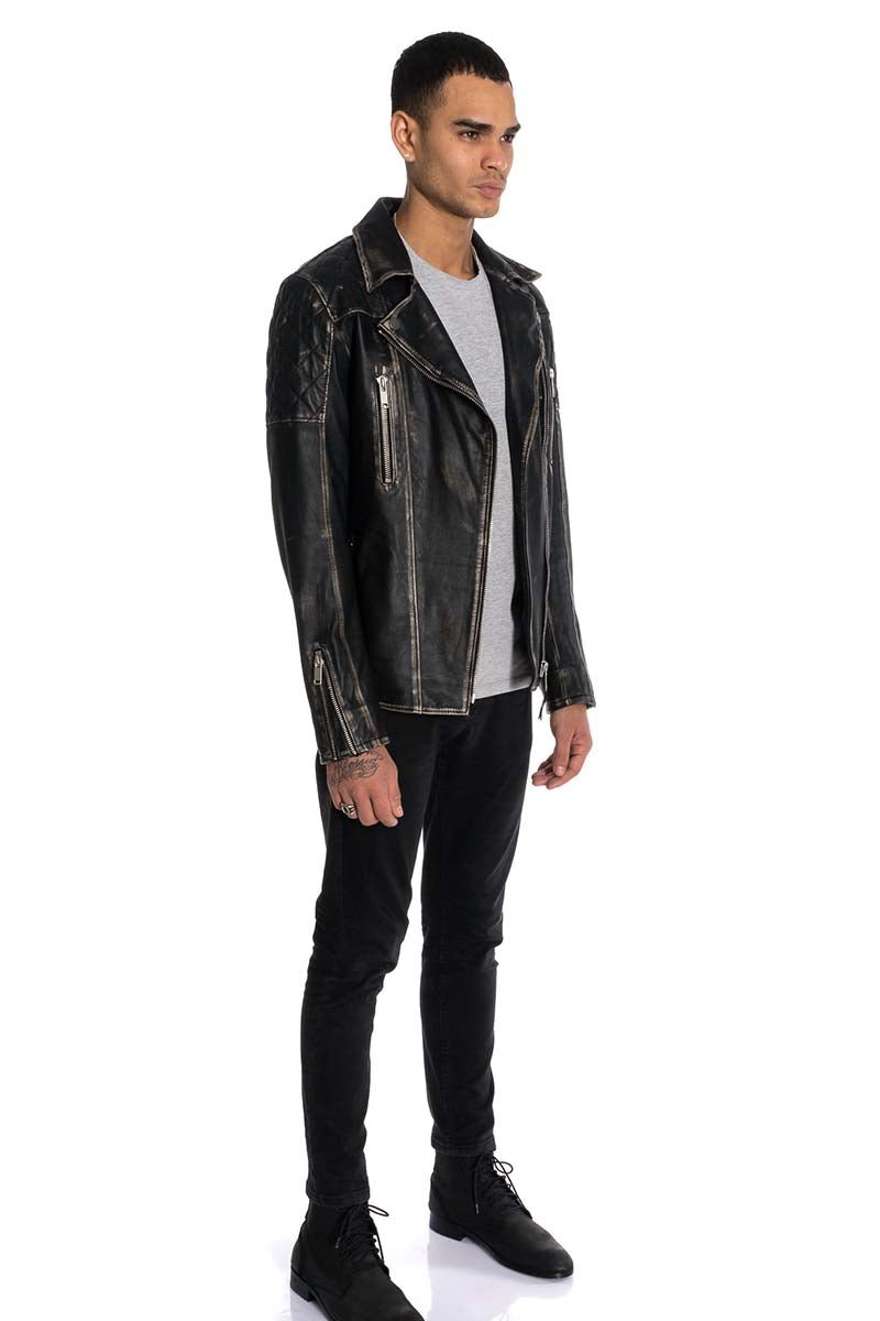 Clark Men's Distressed Lambskin Leather Moto Jacket - Black - Bigardini