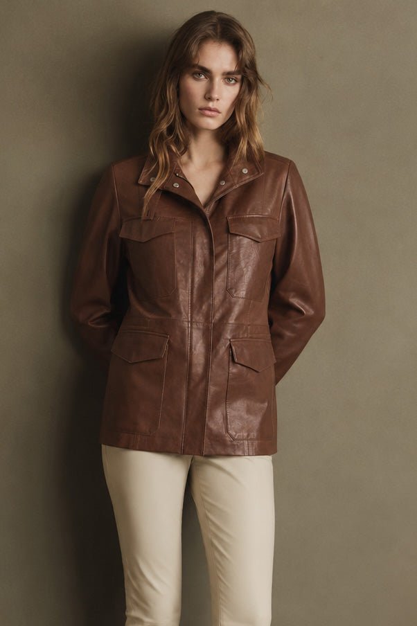 Lara Women's Safari Leather Jacket - Cognac