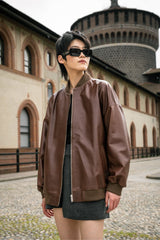 Lea Women's Oversize Bomber Leather Jacket - Cognac - Bigardini