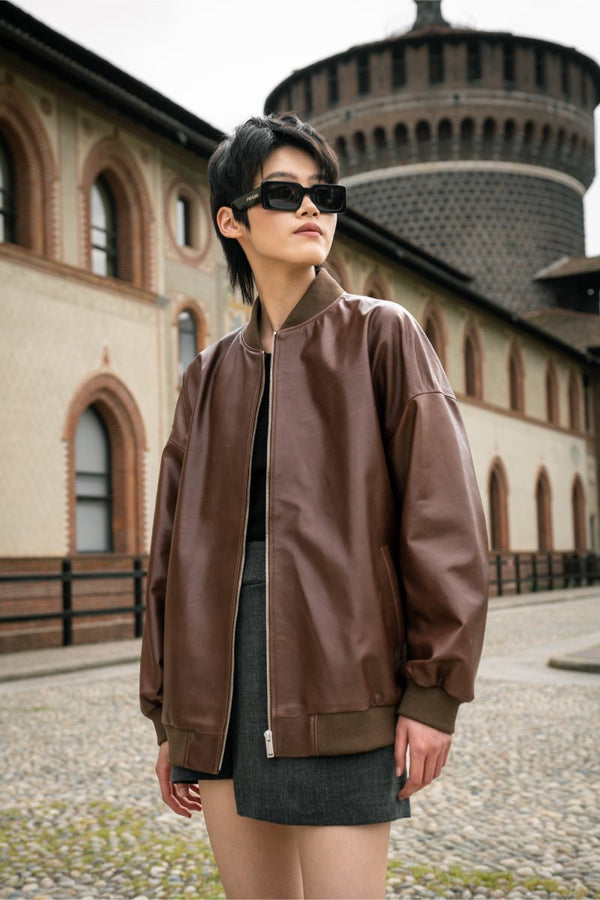Lea Women's Oversize Bomber Leather Jacket - Cognac - Bigardini