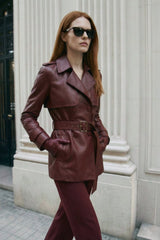 Liora Women’s Leather Trench Coat - Burgundy - Bigardini