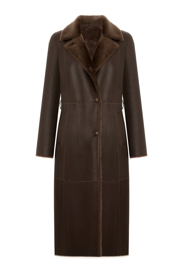 Luisa Women's Shearling Sheepskin Coat - Dark Chocolate - Bigardini