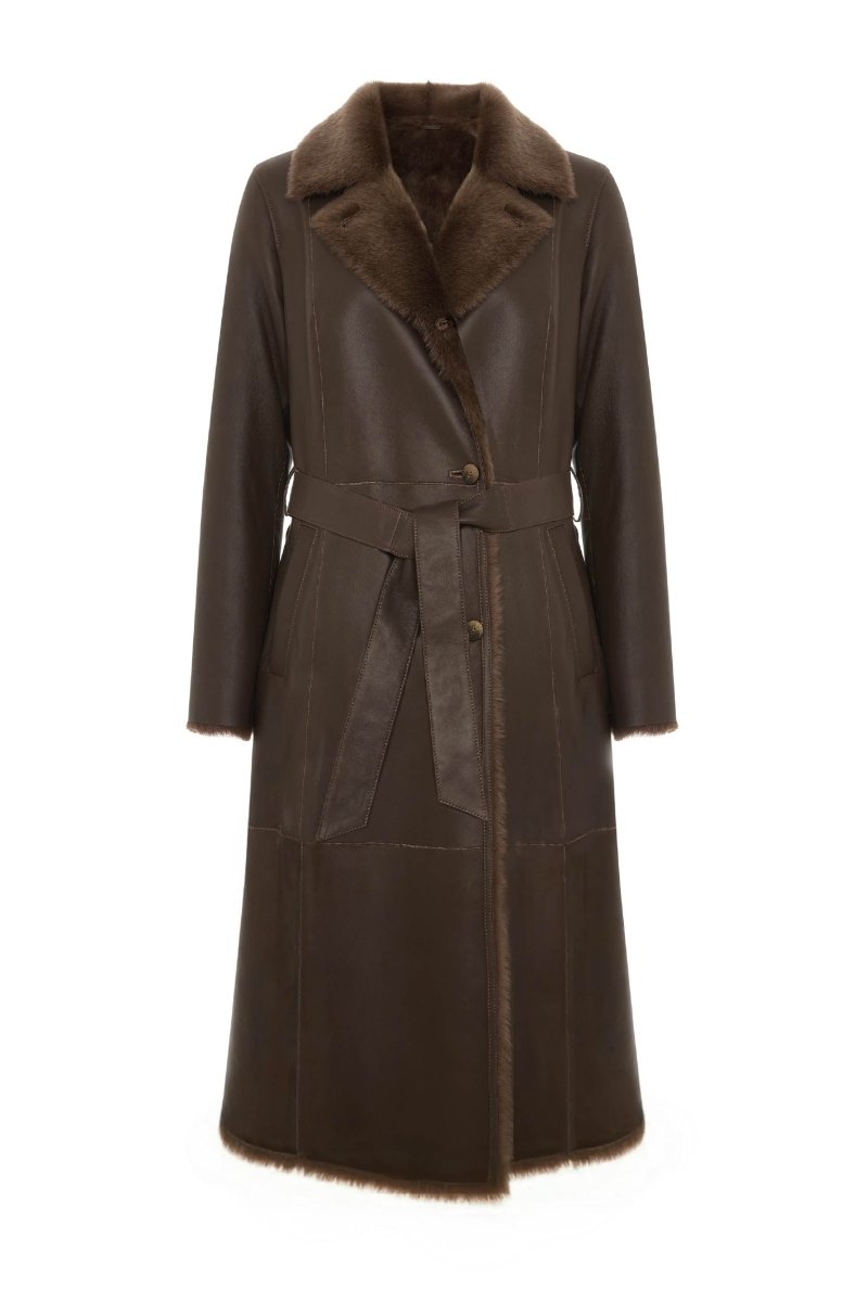 Luisa Women's Shearling Sheepskin Coat - Dark Chocolate - Bigardini