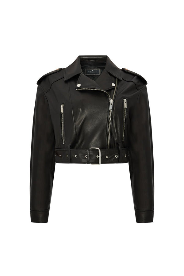 Lumi Women's Cropped Biker Leather Jacket - Black - Bigardini