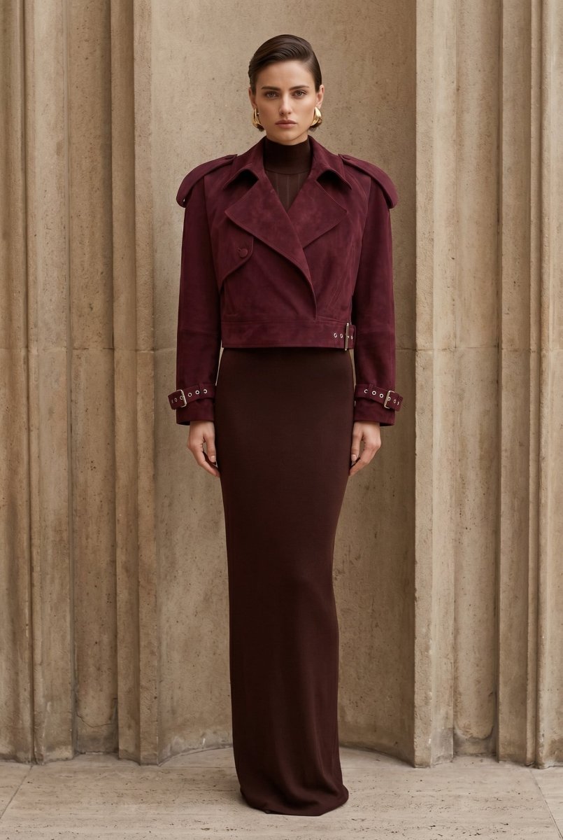 Maia Women's Cropped Oversize Suede Jacket - Burgundy - Bigardini