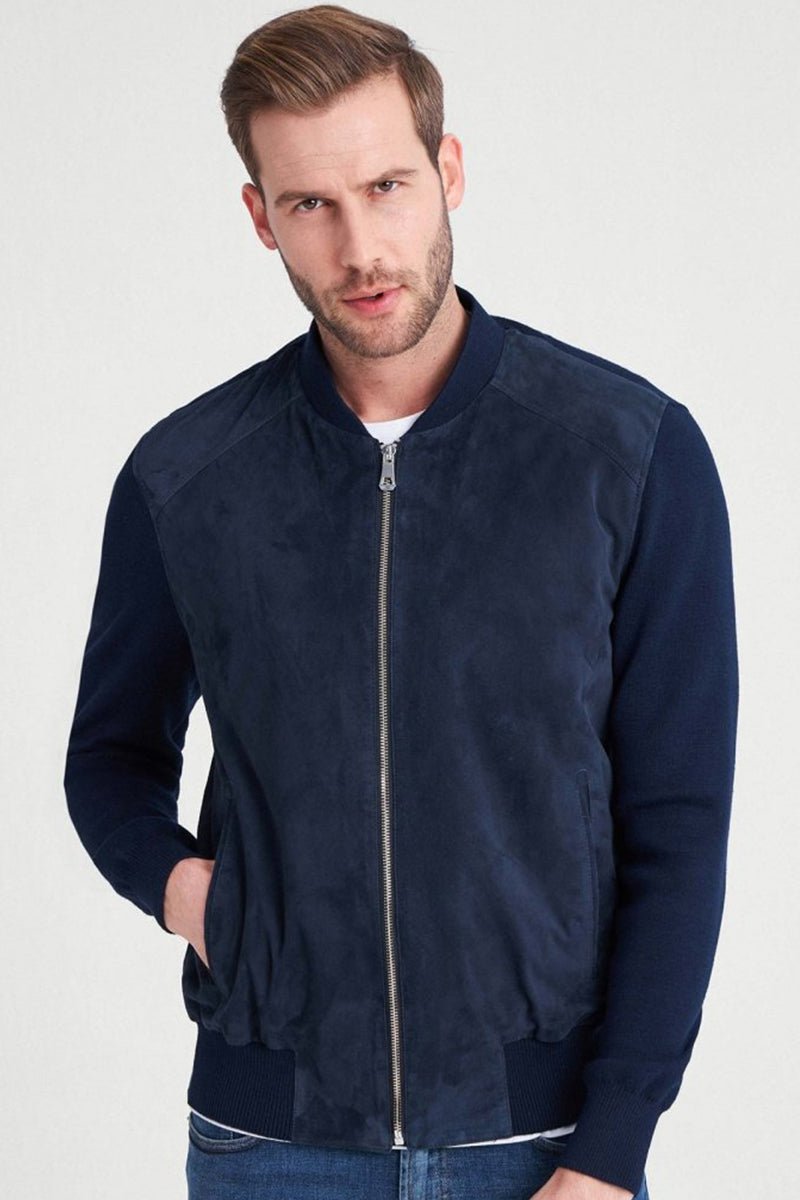 Marco Men's Suede Bomber Jacket - Navy Blue - Bigardini