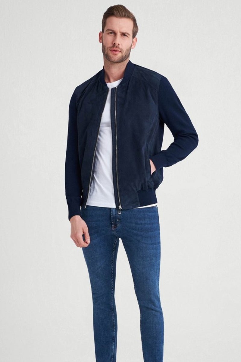 Marco Men's Suede Bomber Jacket - Navy Blue - Bigardini