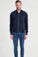 Marco Men's Suede Bomber Jacket - Navy Blue - Bigardini