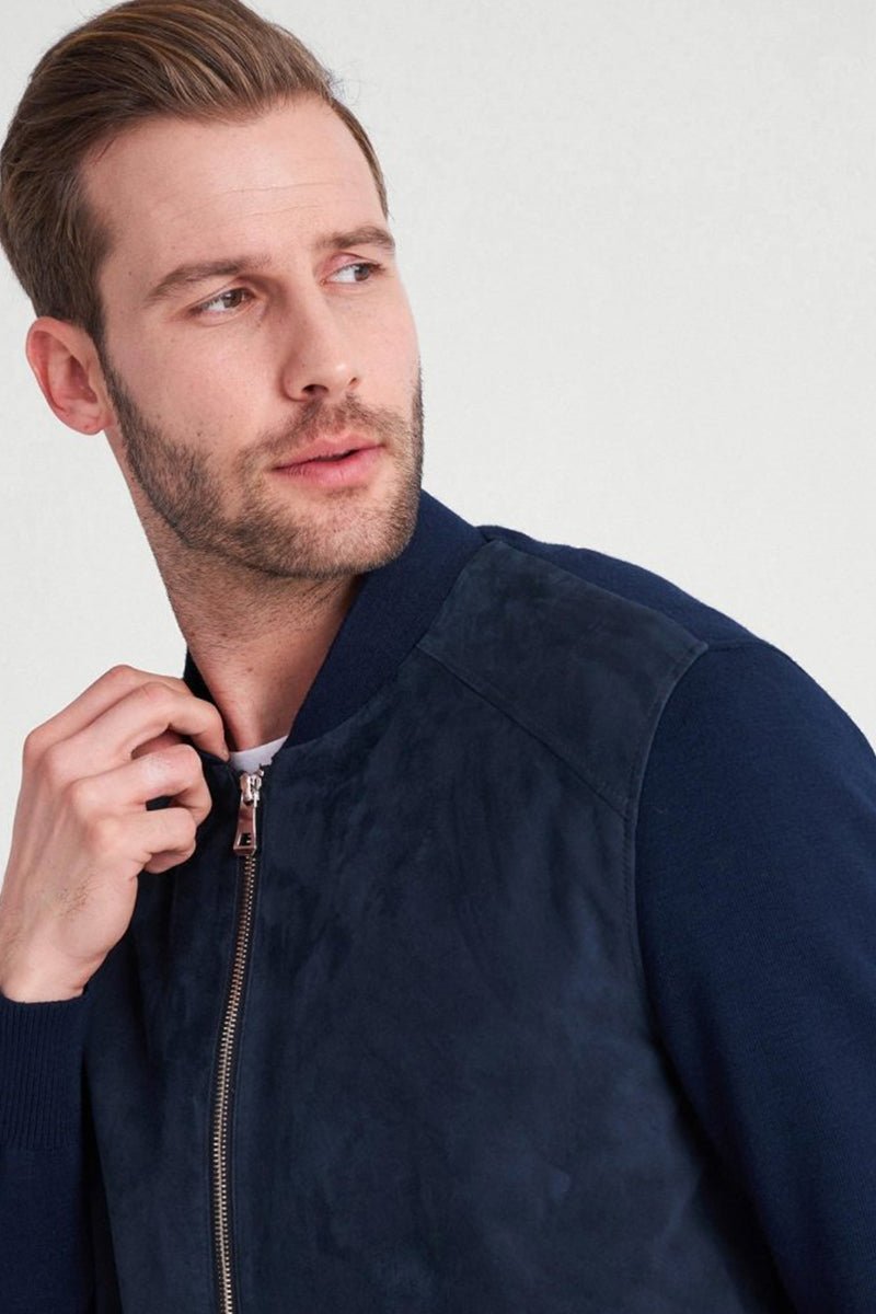 Marco Men's Suede Bomber Jacket - Navy Blue - Bigardini