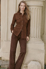 Mari Women's Suede Leather Shirt - Milk Brown - Bigardini