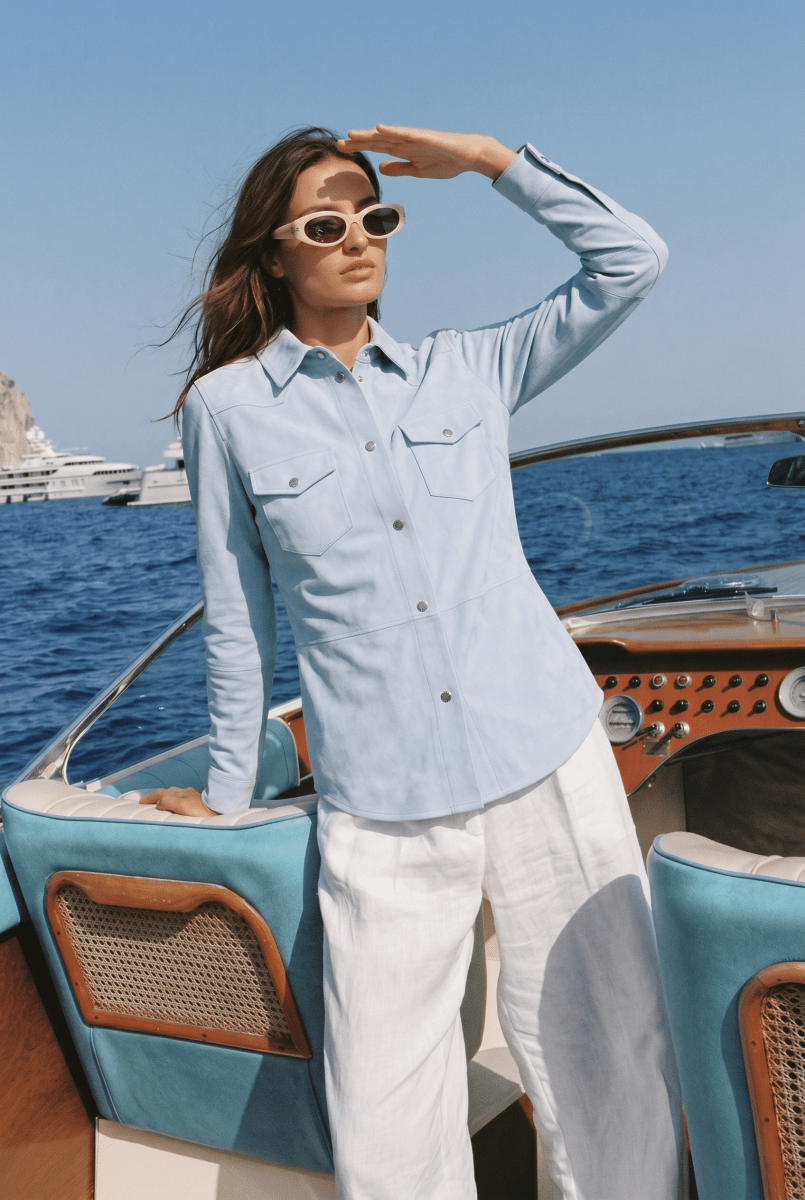 Mari Women's Suede Leather Shirt - Sky Blue - Bigardini