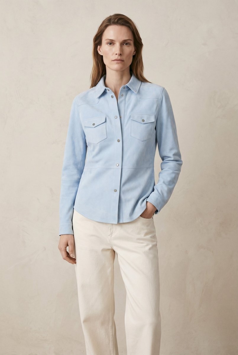 Mari Women's Suede Leather Shirt - Sky Blue - Bigardini