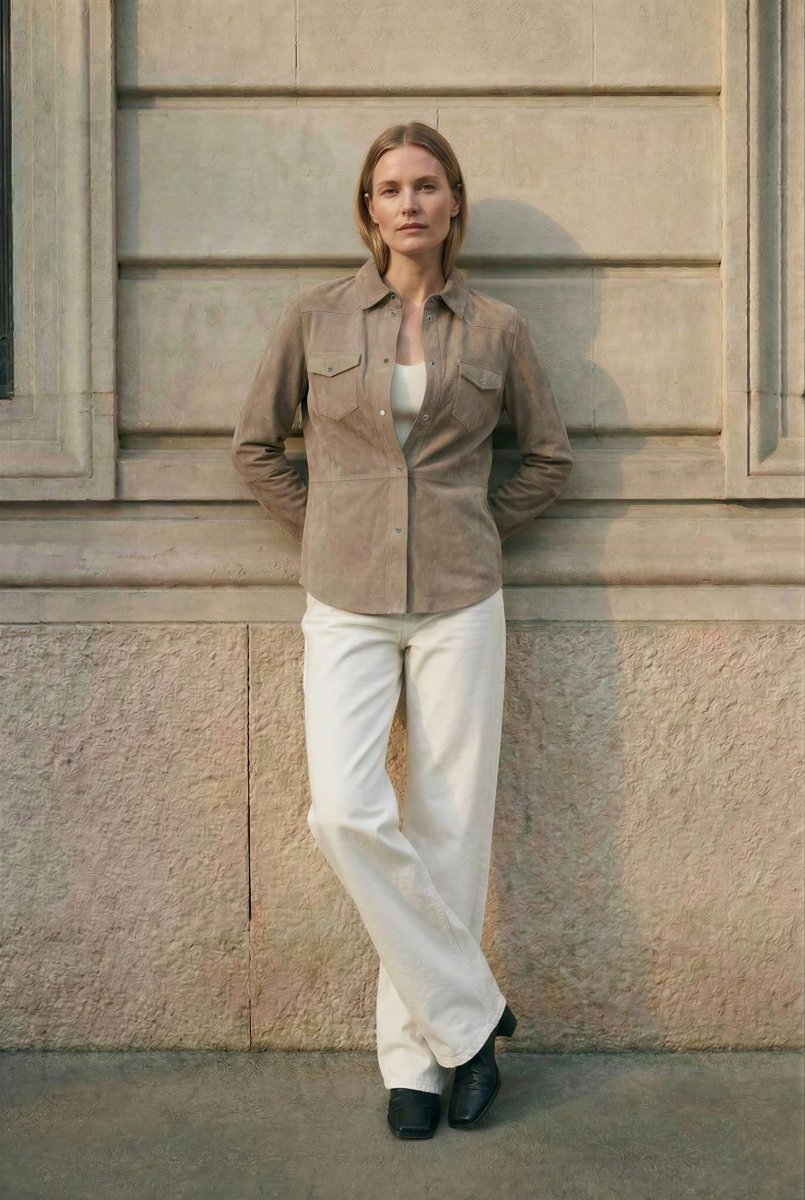 Mari Women's Suede Leather Shirt - Vison - Bigardini