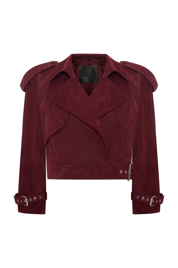 Mely Women's Cropped Oversize Suede Jacket - Burgundy - Bigardini