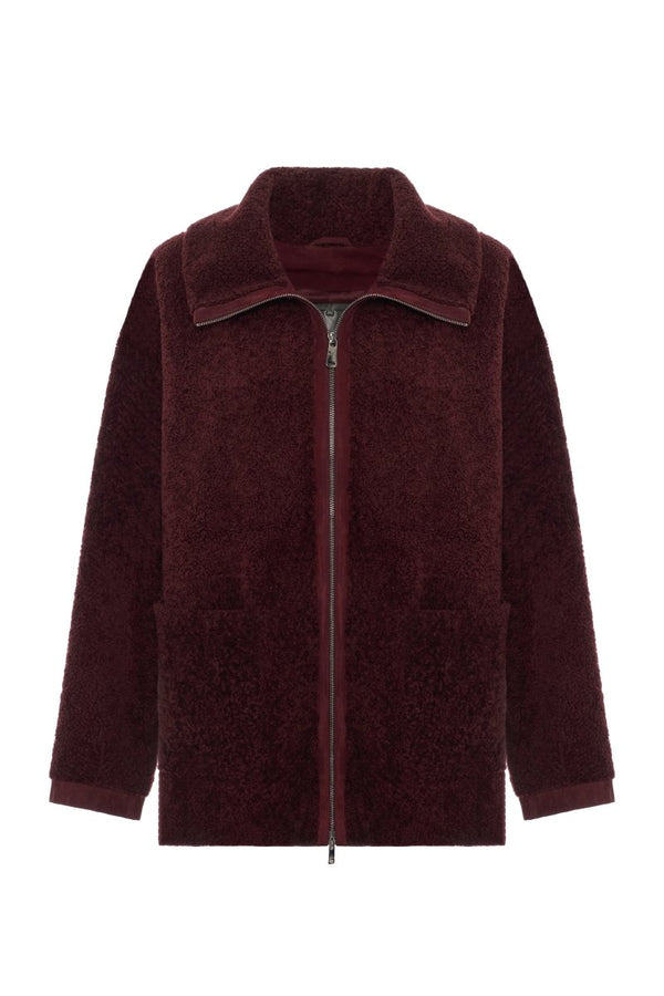 Mirel Women's Oversize Curly Shearling Jacket - Burgundy - Bigardini
