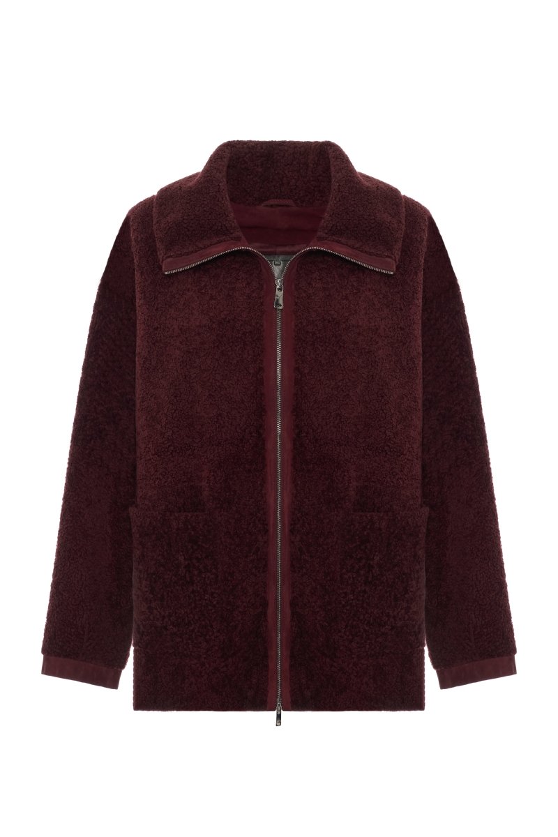 Mirel Women's Oversize Curly Shearling Jacket - Burgundy - Bigardini