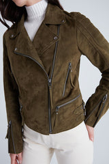 Nelly Women's Metis Suede Leather Biker Jacket - Khaki - Bigardini