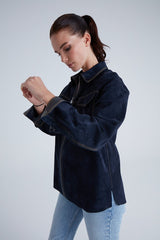 Nika Women's Suede Leather Shirt - Navy Blue - Bigardini