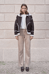 Nora Women's Oversize Reversible Shearling Jacket - Dark Chocolate - Bigardini