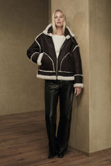 Nora Women's Oversize Reversible Shearling Jacket - Dark Chocolate - Bigardini