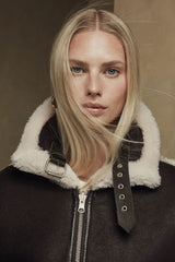 Nora Women's Oversize Reversible Shearling Jacket - Dark Chocolate - Bigardini