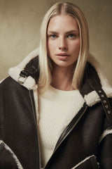 Nora Women's Oversize Reversible Shearling Jacket - Dark Chocolate - Bigardini