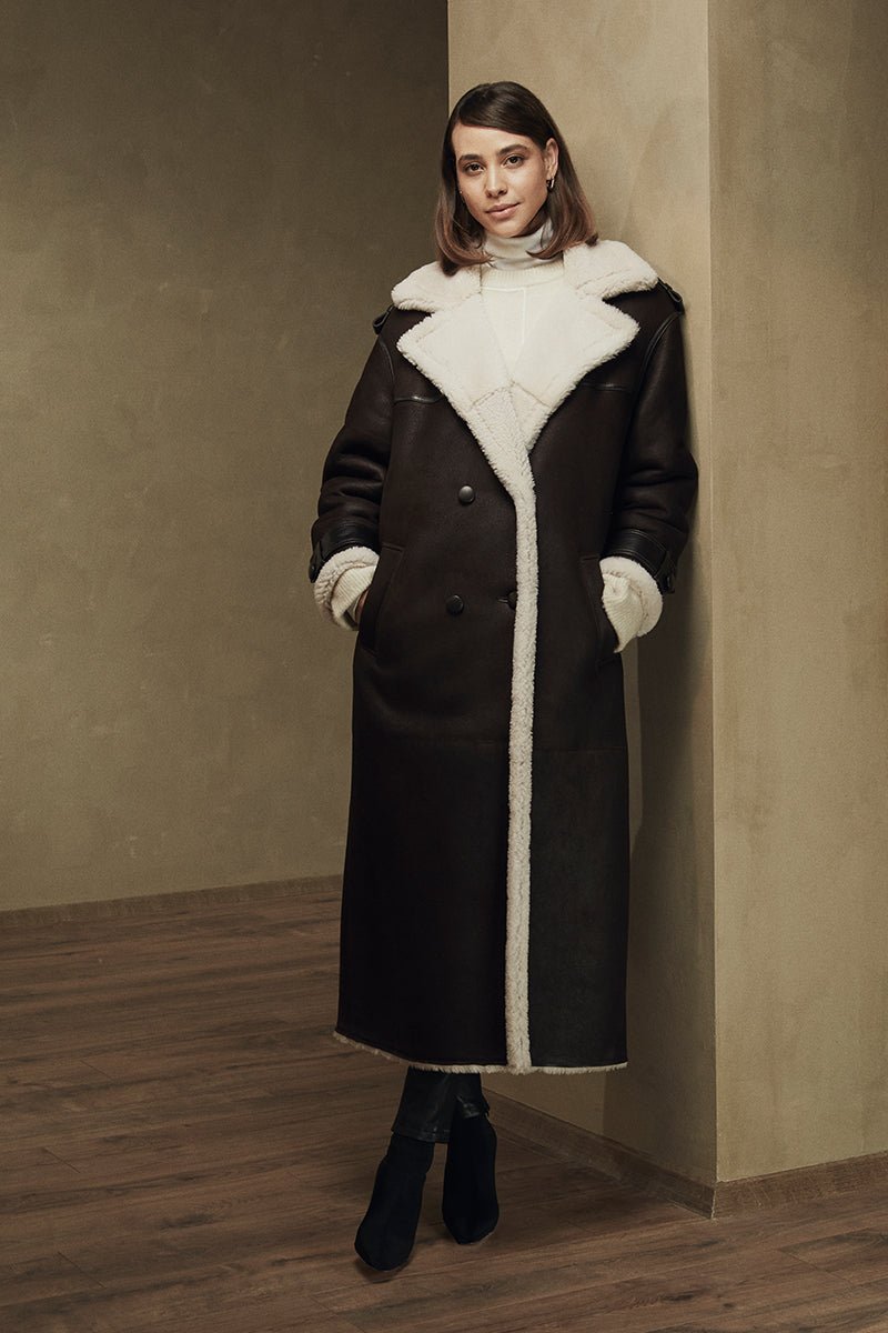 Penelope Women's Oversize Merino Shearling Coat - Dark Chocolate