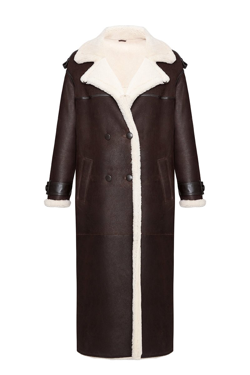 Penelope Women's Oversize Merino Shearling Coat - Dark Chocolate - Bigardini