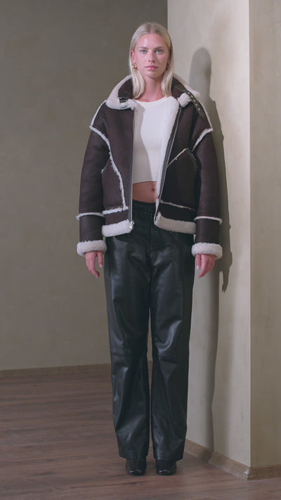Nora Women's Oversize Reversible Shearling Jacket - Dark Chocolate