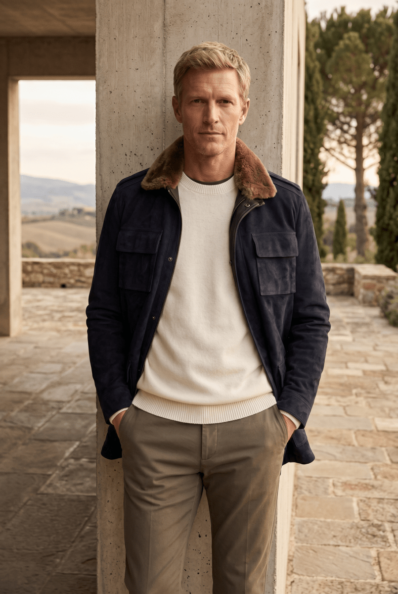 Raul Men’s Suede Safari Jacket - Navy Blue - Bigardini