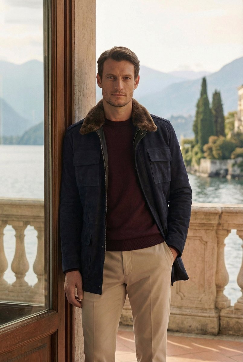 Raul Men’s Suede Safari Jacket - Navy Blue - Bigardini