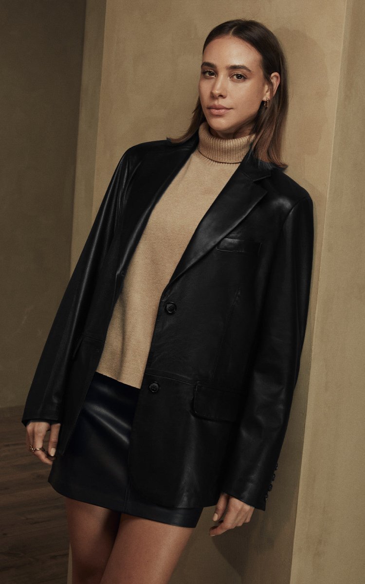 Rebel Woman Oversize Leather Blazer Jacket - Dark Chocolate - Bigardini